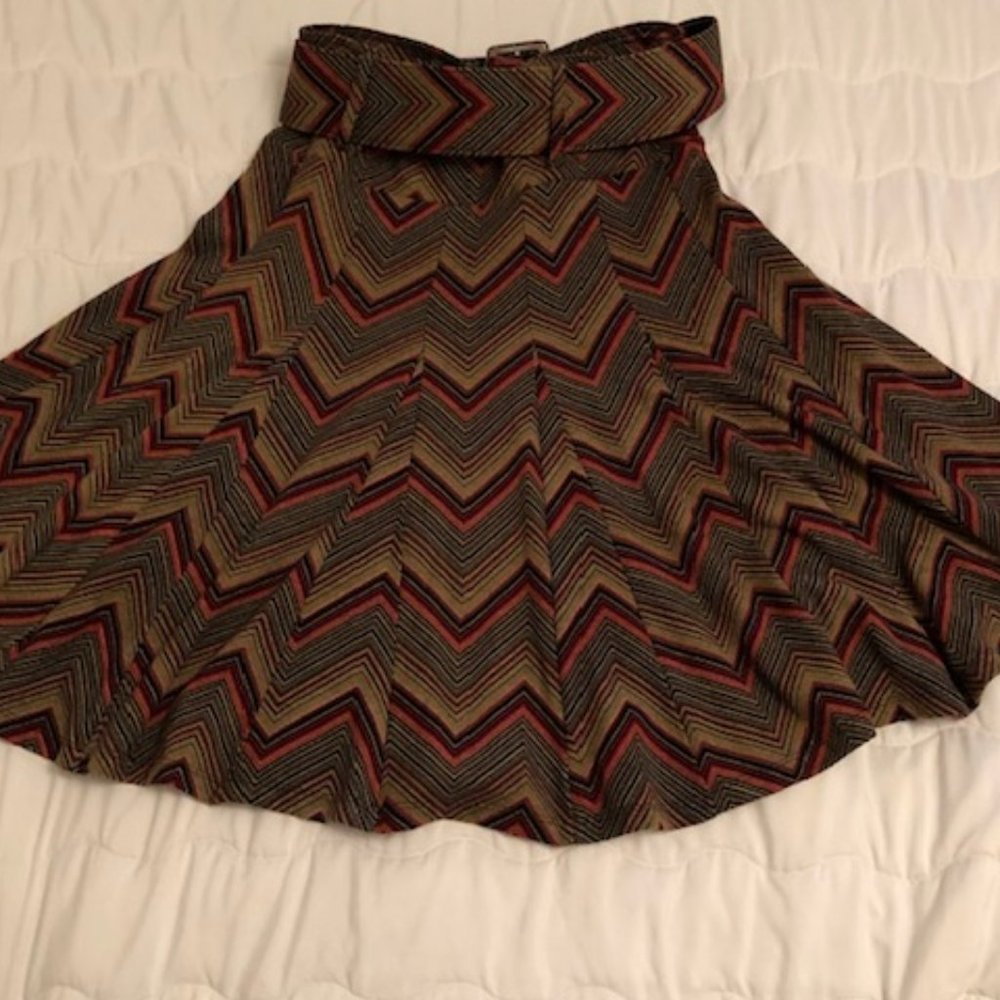 Vibrant blue, red and tan chevron-patterned skirt